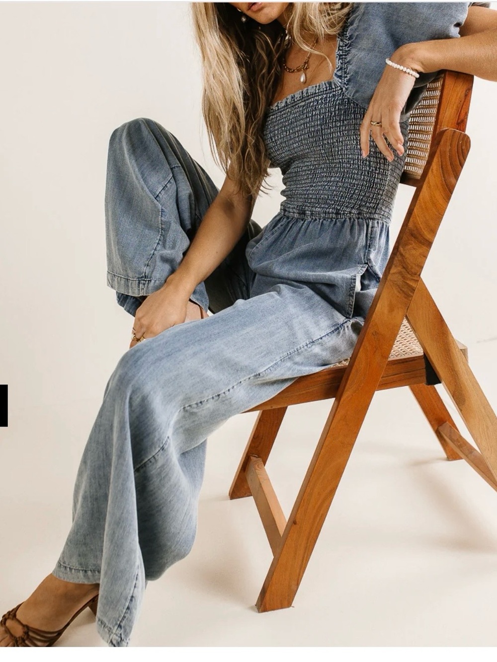 Boheme Light Blue Wide-Leg Denim Jumpsuit with Smocked Bodice
